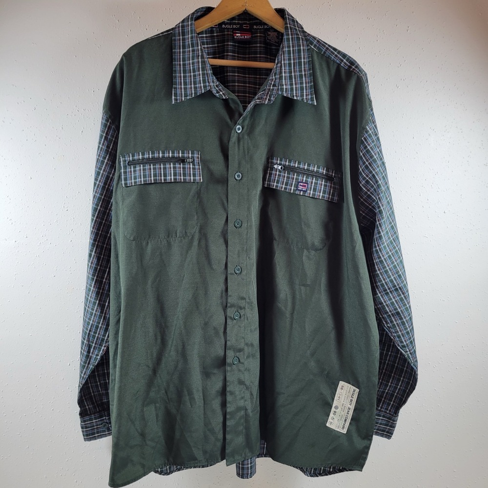 Vintage Bugle Boy Button Down Shirt Mens 2X Green Excellent Plaid Mixed Media